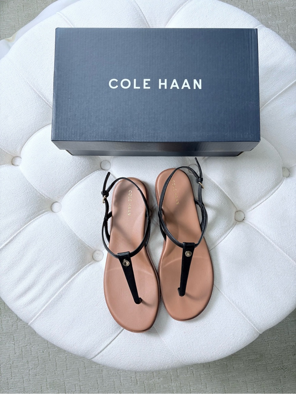 Cole Haan Black Leather Strap Flora Thong Women's Sandals